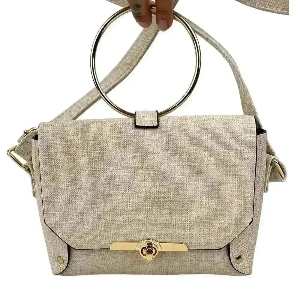 Beige Shoulder Bag Gold Round Handle Crossbody Purse - Handbag Gold‎ Hardware